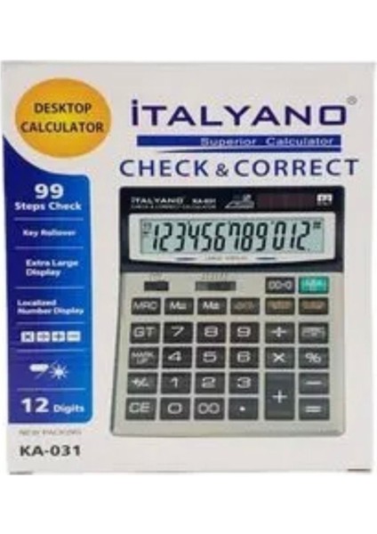 12 Haneli Pilli Geniş Ekranlı Hesap Makinesi, 99 Işlem Kontrolü, KA-03199