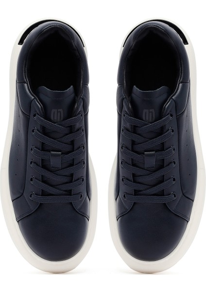 Erkek Lacivert Bağcıklı Kalın Tabanlı Deri Sneaker 25WFD690318