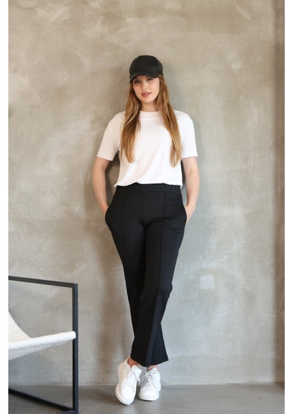 Kadın Düz Kesim Nervürlü Straight Scuba Cepli Lastikli Pantolon