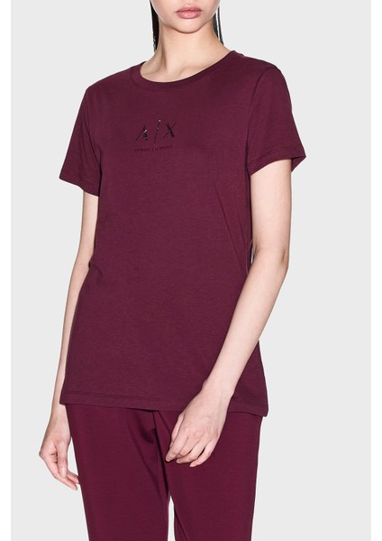 Taşlı Logolu Pamuklu Slim Fit Bisiklet Yaka T Shirt Bayan T Shirt XW001459 AF10356 UA343