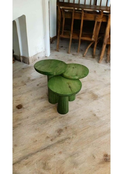 Dekoratif Ahşap Mantar Sehpa 3’lü Set – Masif Doğal Çimen Yeşili Fiskos ve Zigon fiyatları