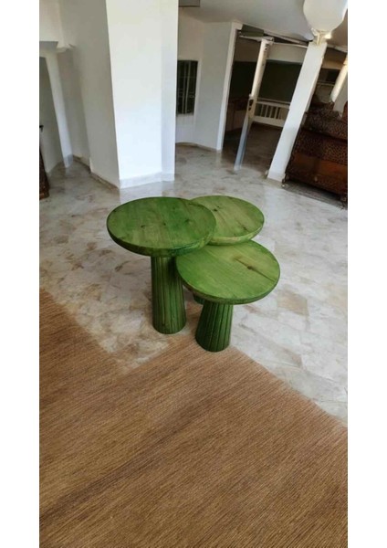 Dekoratif Ahşap Mantar Sehpa 3’lü Set – Masif Doğal Çimen Yeşili Fiskos ve Zigon modelleri