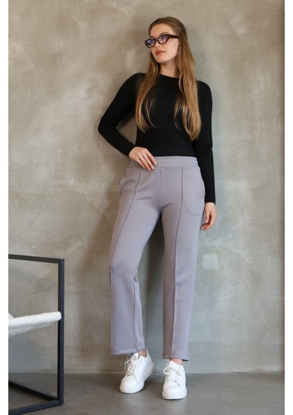Kadın Düz Kesim Nervürlü Straight Scuba Cepli Lastikli Pantolon