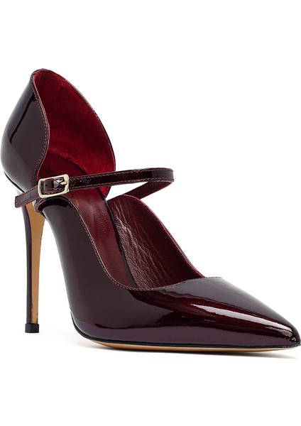 Kadın Bordo Tokalı Yüksek Ince Topuklu Rugan Deri Ayakkabı 25AFD121216