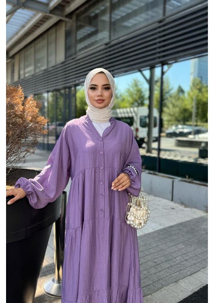 Düğme Detaylı V Yaka Oversize Elbise fiyatları