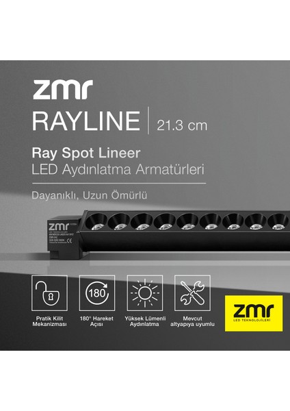 Rayline Mercekli Siyah 10W 21.3 cm 6500K Crı 90 Pratik Kilit Mekanizması Ray Spot Lineer LED Aydınlatma