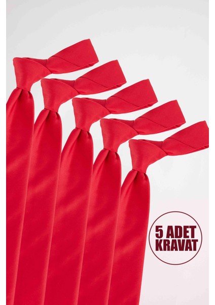 5'li Paket Düz Ince Kırmızı Erkek Kravat