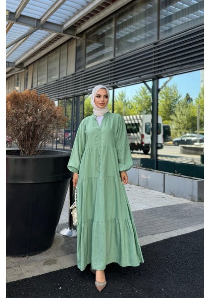 Düğme Detaylı V Yaka Oversize Elbise
