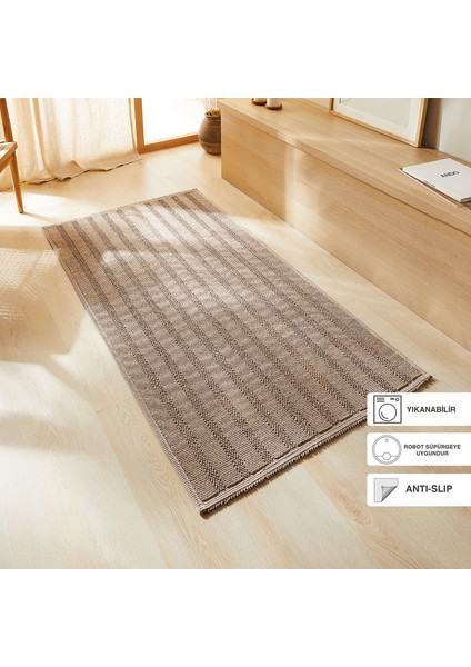 Yıkanabilir Pamuklu Bej Renk Çizgi Desen Kilim 120 x 180 cm