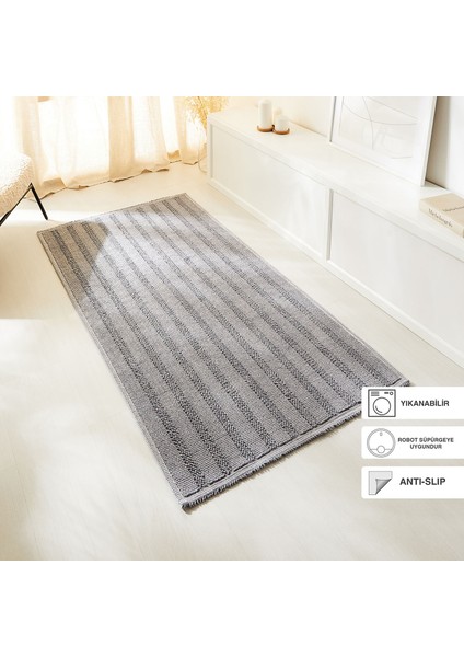 Yıkanabilir Pamuklu Gri Renk Çizgi Desen Kilim 120 x 180 cm