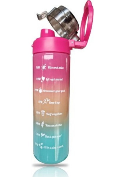 550CC Cam Motivasyon Matarası Koyu Pembe Kapaklı Kulplu Renkli Hedef Göstergeli Suluk