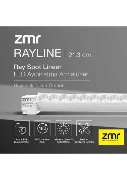 Rayline Mercekli Beyaz 10W 21.3 cm 6500K Crı 90 Pratik Kilit Mekanizması Ray Spot Lineer LED Aydınlatma