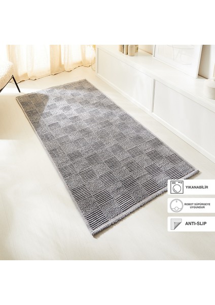 Yıkanabilir Pamuklu Gri Renk Dama Desen Kilim 120 x 180 cm
