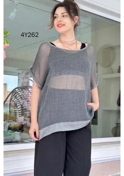 Kadın Oversize Antrasit Kısa Kollu %100 Pamuk File Bluz