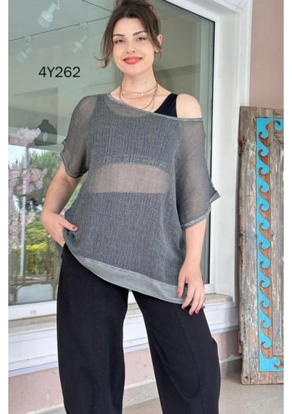 Kadın Oversize Antrasit Kısa Kollu %100 Pamuk File Bluz fiyatları