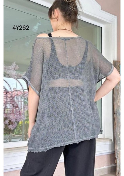 Kadın Oversize Antrasit Kısa Kollu %100 Pamuk File Bluz modelleri