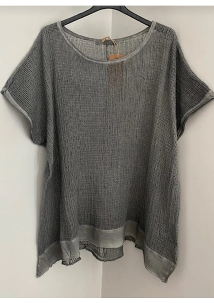 Kadın Oversize Antrasit Kısa Kollu %100 Pamuk File Bluz fırsatları