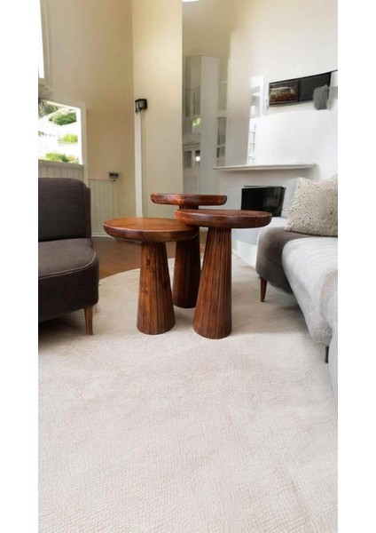 Dekoratif Ahşap Mantar Sehpa 3’lü Set – Masif Doğal Fındık Renk Fiskos ve Zigon