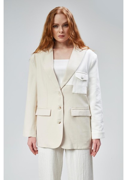 Denim Detay Kruvaze Yaka Blazer Ceket Bej
