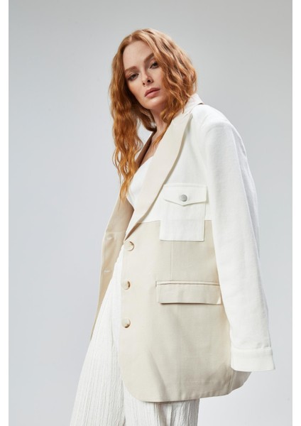 Denim Detay Kruvaze Yaka Blazer Ceket Bej fiyatları