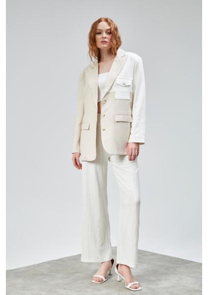 Denim Detay Kruvaze Yaka Blazer Ceket Bej modelleri