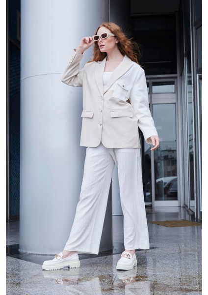 Denim Detay Kruvaze Yaka Blazer Ceket Bej fırsatları