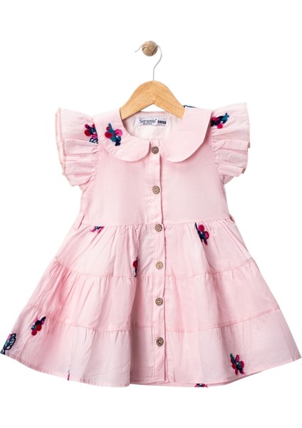 Bebe Yaka Nakışlı Çiçekli Elbise Pembe