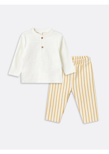 Lcw Baby Ekru Bisiklet Yaka Uzun Kollu Erkek Bebek Tişört ve Pantolon 2'li Takım