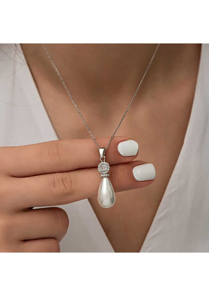 925 Ayar Gümüş Damla Inci Kadın Kolye T8617 (593593)