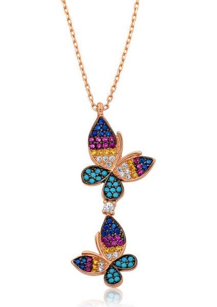 925 Ayar Gümüş Rose Çift Kelebek Kadın Gümüş Kolye T4143 (593593) fiyatları