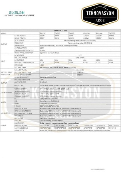 Teknovasyon Arge Tekovasyon Arge Exelon 12 V 600 W Modifiye Sin Inverter modelleri