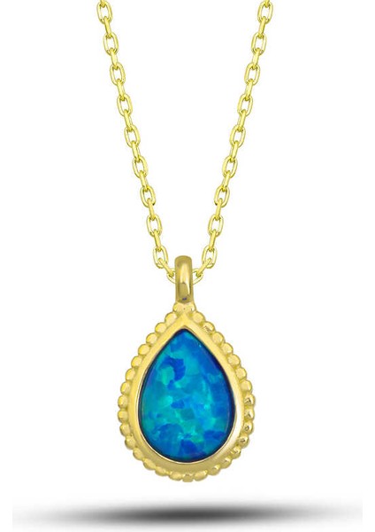 925 Ayar Gümüş Gold Damla Mavi Opal Taşlı Kadın Kolye T7733 (593593)