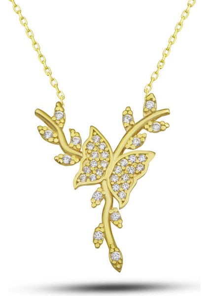 925 Ayar Gümüş Gold Daldaki Kelebek Kadın Kolye T7719 (593593)