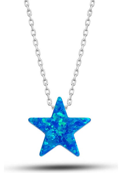 925 Ayar Gümüş Opal Mavi Taşlı Yıldız Kadın Kolye T7725 (593593)