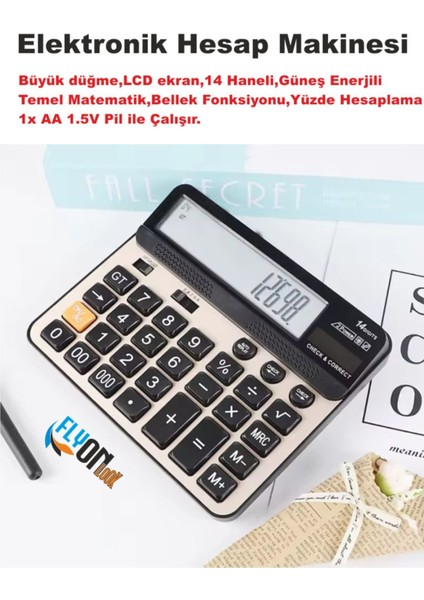 14 Haneli Elektronik Hesap Makinesi, Güneş Enerjili, Temel Matematik, Bellek, Yüzde Hesap