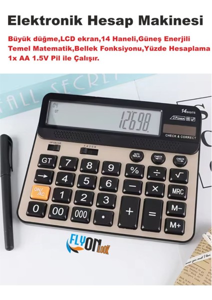 14 Haneli Elektronik Hesap Makinesi, Güneş Enerjili, Temel Matematik, Bellek, Yüzde Hesap fiyatları