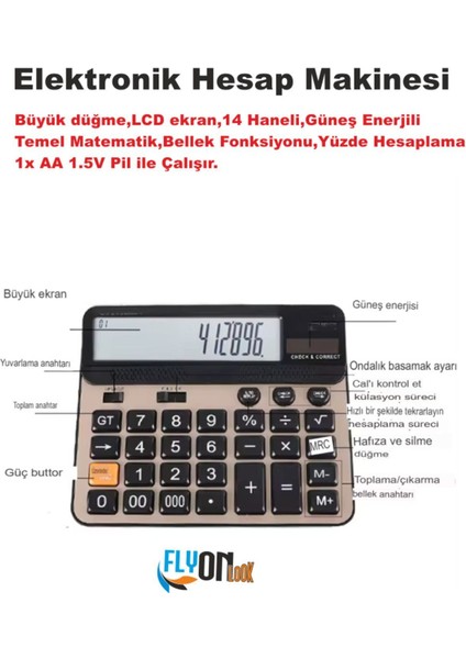 14 Haneli Elektronik Hesap Makinesi, Güneş Enerjili, Temel Matematik, Bellek, Yüzde Hesap modelleri