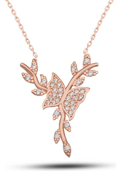 925 Ayar Gümüş Rose Daldaki Kelebek Kadın Kolye T7718 (593593)