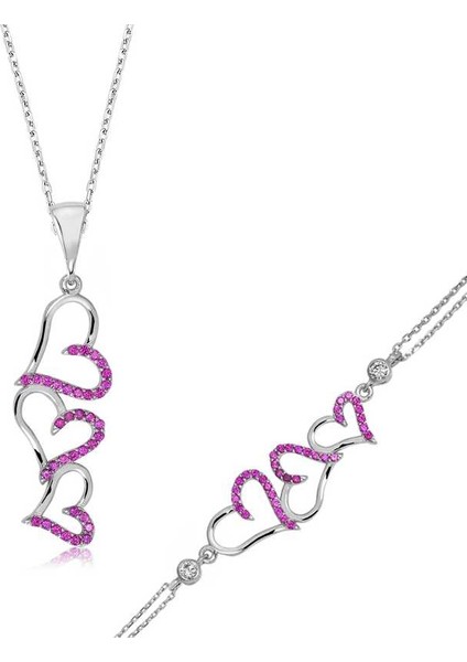 925 Ayar Gümüş Pembe Üç Kalpli Set ST1160070 (593593)