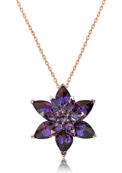 925 Ayar Gümüş Rose Mor Lotus Çiçeği Kolye T5020 (593593)
