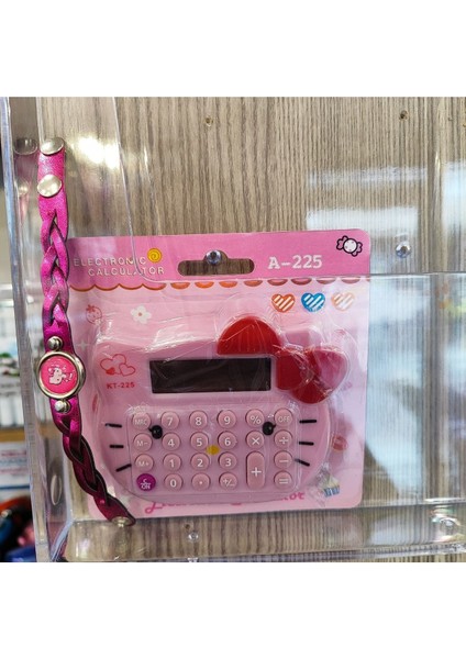 Pembe Hello Kitty Tasarımlı Küçük Hesap Makinesi ve Bileklik Seti
