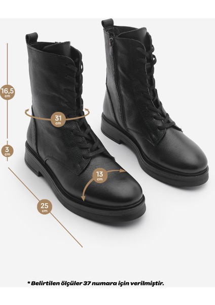 Kadın Hakiki Deri Postal Bot Bağcıklı Fermuarlı Kafle Siyah