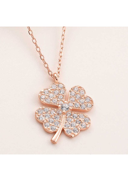 925 Ayar Gümüş Rose Dört Yapraklı Yonca Kadın Kolye T7956 (593593)