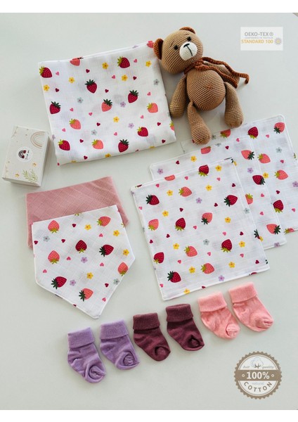 Ftbabycollection %100 Pamuk Yenidoğan Müslin Hediye Seti ( Battaniye ,çorap , Önlük, Ağız Mendili Seti )