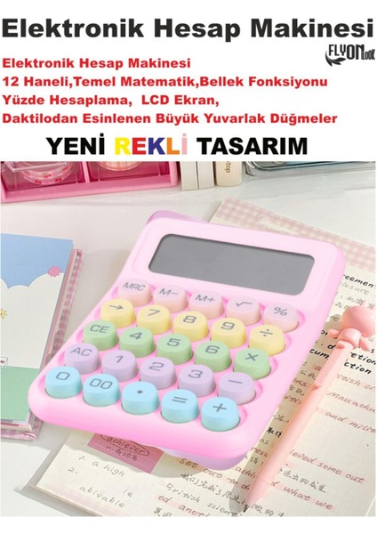Renkli Büyük Düğmeli 14 Haneli Elektronik Hesap Makinesi, Temel Matematik ve Yüzde Hesap
