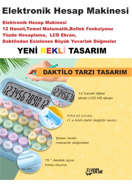 Renkli Büyük Düğmeli 14 Haneli Elektronik Hesap Makinesi, Temel Matematik ve Yüzde Hesaplaması fiyatları