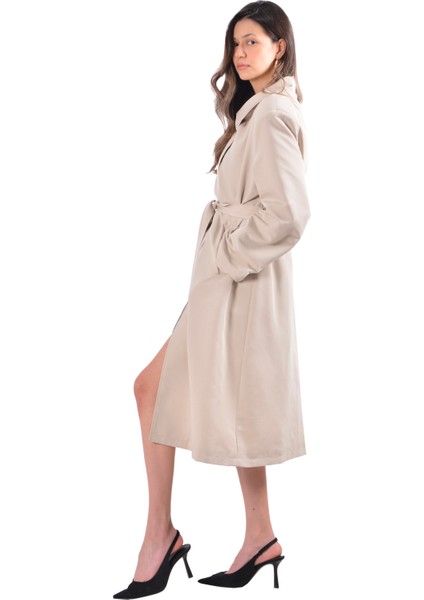 Kolu Yılan Desen Garnili Beli Kemerli Trençkot Bej