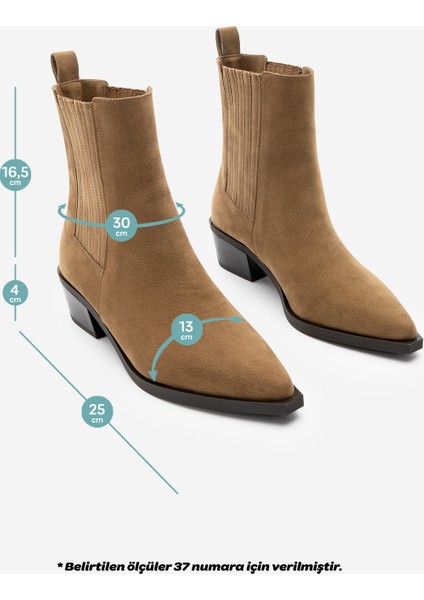 Kadın Sivri Burun Kalın Topuklu Chelsea Çift Lastikli Western Bot Losya Taba Süet