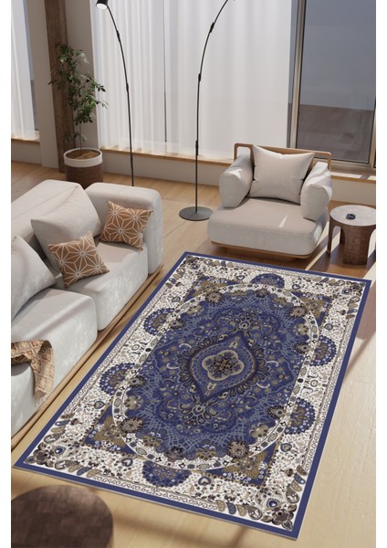 Mavi Otantik Desenli Makinede Yıkanabilir Salon Halısı Yatak Odası Halısı & Yolluk Modelleri