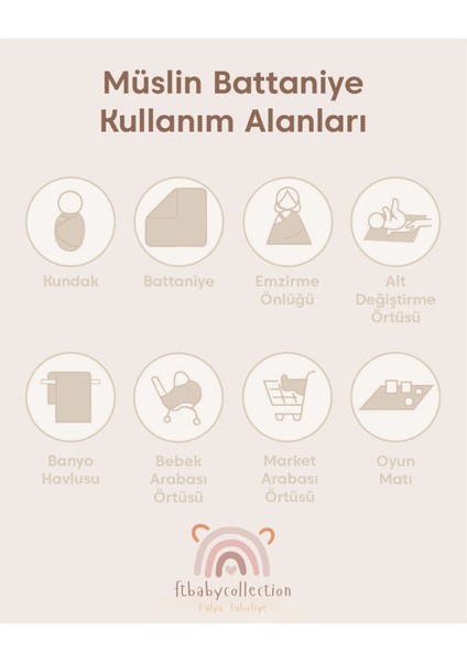 Ftbabycollection %100 Pamuk Müslin Bebek Battaniyesi Oeko-Tex Sertifikalı Müslin Yenidoğan Bebek Battaniyesi 80X90 cm